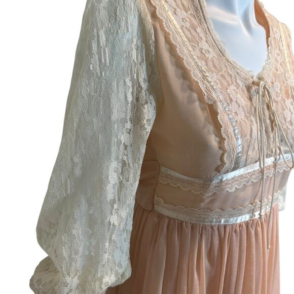 Gunne Sax Peach Lace Puff Sleeve Corset Top Maxi Dress XS Boho Prairie Western - Picture 4 of 15